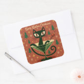 Mid Century Black Cat Merry Martini Christmas Vierkante Sticker (Envelop)