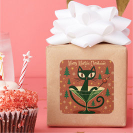 Mid Century Black Cat Merry Martini Christmas Vierkante Sticker