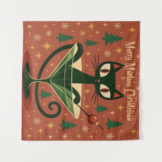 Mid Century Black Cat Merry Martini Christmas Wandkleed (Voorkant (horizontaal))