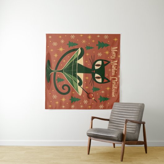 Mid Century Black Cat Merry Martini Christmas Wandkleed (In Situ (horizontaal))