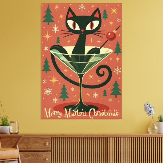 Mid Century Black Cat Merry Martini Kerstmis Canvas Afdruk (Insitu (Woonkamer))