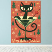 Mid Century Black Cat Merry Martini Kerstmis Canvas Afdruk (Insitu (Houten vloer))