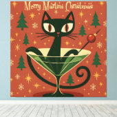 Mid Century Black Cat Merry Martini Kerstmis Canvas Afdruk (Insitu (Houten vloer))