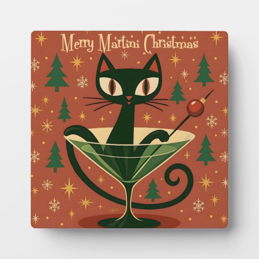 Mid Century Black Cat Merry Martini Kerstmis Fotoplaat (Voorkant)