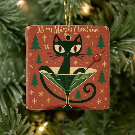 Mid Century Black Cat Merry Martini Kerstmis Keramisch Ornament (Boom)