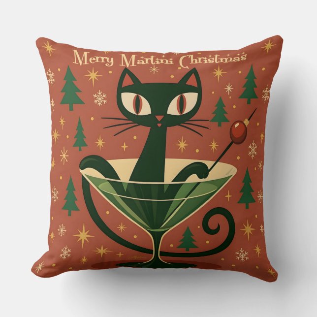 Mid Century Black Cat Merry Martini Kerstmis Kussen (Voorkant)