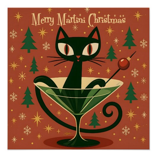Mid Century Black Cat Merry Martini Kerstmis Perfect Poster (Voorkant)