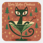 Mid Century Black Cat Merry Martini Kerstmis Vierkante Sticker (Voorkant)