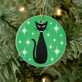 Mid Century Black Cat with White Stars on Green Keramisch Ornament