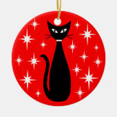 Mid Century Black Cat with White Stars on Red Keramisch Ornament (Voorkant)