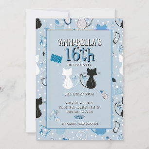 Mid Century Blue Heart Cats Verjaardagsuitnodiging Kaart