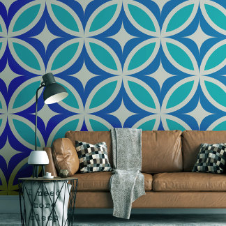 Mid Century Blue Starbursts op cirkels Behang