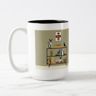 Mid Century Boekenkast met Siamese katten Tweekleurige Koffiemok