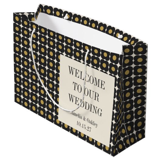 Mid Century Bold Zwart Goud Bloemen Bruiloft Welko Groot Cadeauzakje (Achterkant Gekanteld)