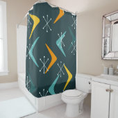 Mid Century Boomerangs Starbursts Blauwgroen Douchegordijn (In situ)