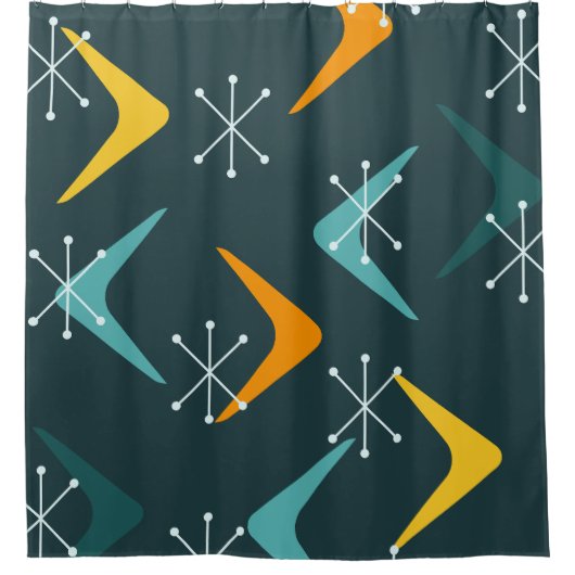 Mid Century Boomerangs Starbursts Blauwgroen Douchegordijn (Voorkant)
