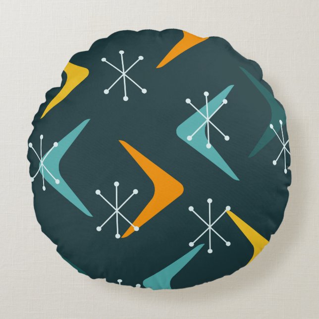 Mid Century Boomerangs Starbursts Blauwgroen Rond Kussen (Voorkant)