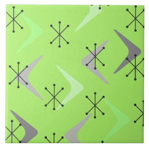 Mid Century Boomerangs Starbursts Green Tegeltje