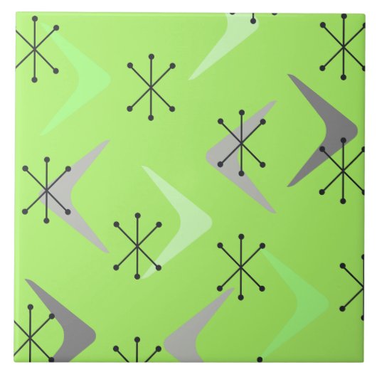 Mid Century Boomerangs Starbursts Green Tegeltje (Voorkant)