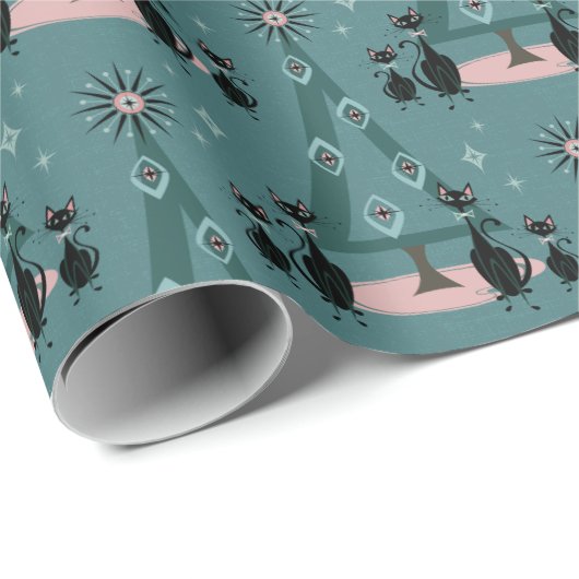 Mid Century Cat Family Vakantie op Blauw Cadeaupapier (Rol Hoek)