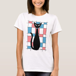 Mid Century Cat met blauwe en roze rechthoeken T-shirt