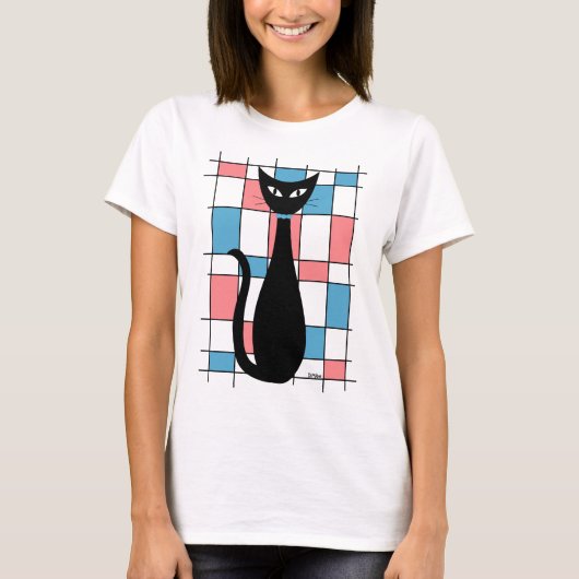 Mid Century Cat met blauwe en roze rechthoeken T-shirt (Voorkant)