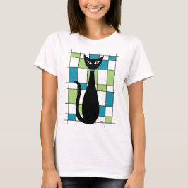 Mid Century Cat met groene en Blauwgroen rechthoek T-shirt