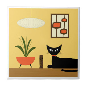 Mid Century Cat met Mod Pods op Geel Tegeltje