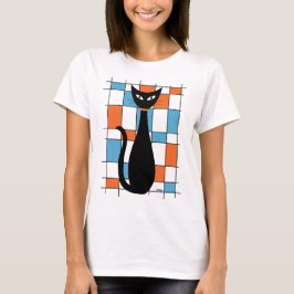 Mid Century Cat met Oranje en blauwe rechthoeken T-shirt