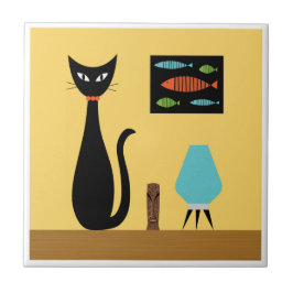 Mid Century Cat met Retro Vis op Geel Tegeltje