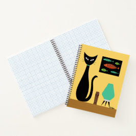 Mid Century Cat with Retro Fish on Yellow Notitieboek