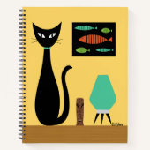 Mid Century Cat with Retro Fish on Yellow Notitieboek (Voorkant)