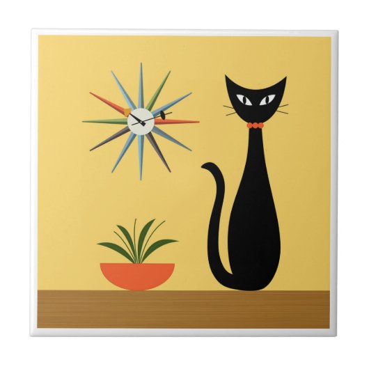 Mid Century Cat with Starburst Clock on Yellow Tegeltje (Voorkant)