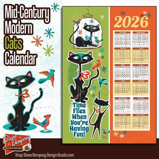Mid-Century Cats Calendar Kitchen Towel Green/Rust Theedoek