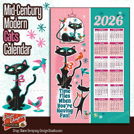 Mid-Century Cats Calendar Kitchen Towel Pink + Aqu Theedoek