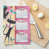 Mid-Century Cats Kalender Keukenhanddoek Roze (Quarter Fold)