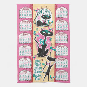 Mid-Century Cats Kalender Keukenhanddoek Roze