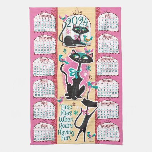 Mid-Century Cats Kalender Keukenhanddoek Roze (Verticaal)