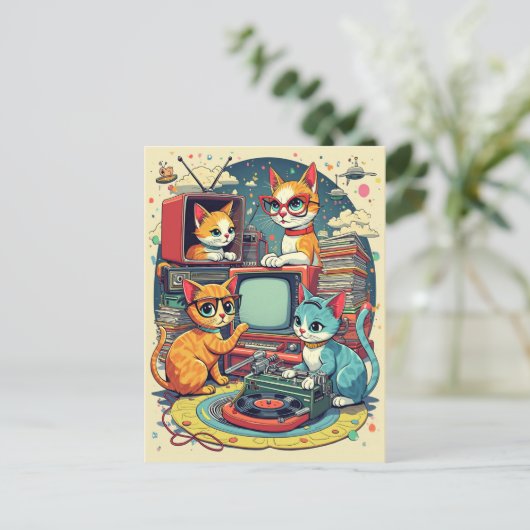 Mid Century Cats met Retro Records en TV Briefkaart (Staand voorkant)