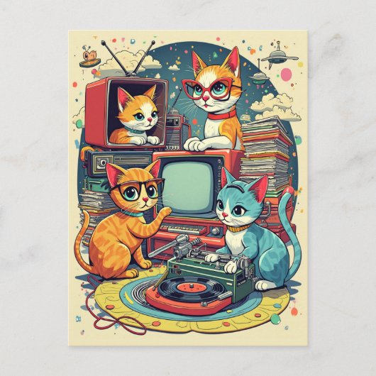 Mid Century Cats met Retro Records en TV Briefkaart (Voorkant)