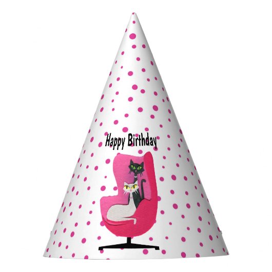  Mid Century Cats Roze Stoel Polka Dots Feesthoedjes (Voorkant)