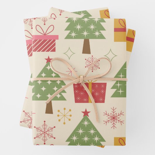 Mid Century Christmas Atomic Trees with Snowflakes Inpakpapier Vel (In situ)