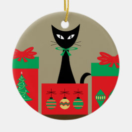 Mid Century Christmas Cat in Box Keramisch Ornament