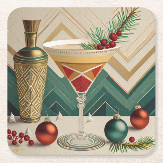 Mid Century Christmas Cocktail Party Happy Hour Kartonnen Onderzetters (Voorkant)