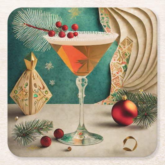 Mid Century Christmas Cocktail Party Happy Hour Kartonnen Onderzetters (Voorkant)