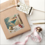 Mid Century Christmas Cocktail Party Happy Hour Vierkante Sticker<br><div class="desc">Welkom in mijn fantasiewereld van de Mid Century! Design in deze winkel zijn geboren uit het opgroeien in een Mid Century-huis,  compleet met Martini-liefhebbende ouders. Doorbreek de cocktails. Feit en fantasie worden samengevoegd in Mid Century Modern,  Jazz,  Retro Futuristic,  Atomic en Space Age Design.</div>