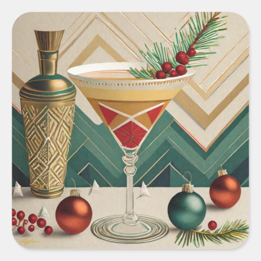 Mid Century Christmas Cocktail Party Happy Hour Vierkante Sticker (Voorkant)