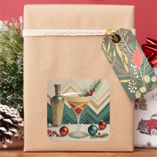 Mid Century Christmas Cocktail Party Happy Hour Vierkante Sticker (Feestdagen)