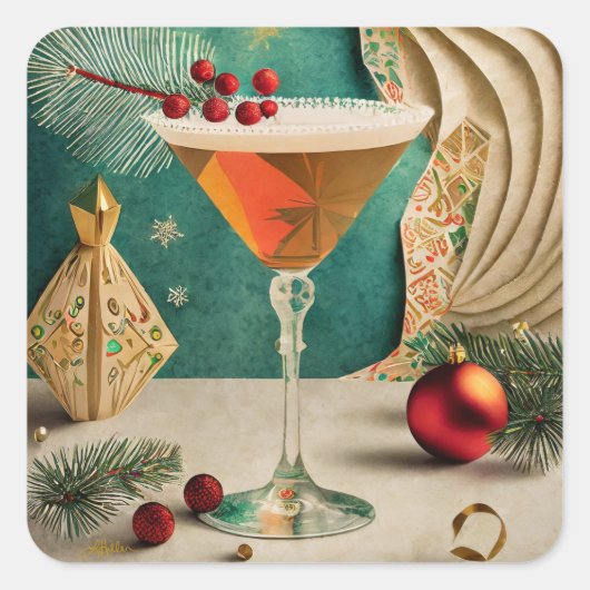 Mid Century Christmas Cocktail Party Happy Hour Vierkante Sticker (Voorkant)