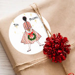 Mid Century Christmas Girl Gift Label Sticker<br><div class="desc">Midden-eeuwse stijl vakantie cadeau label sticker. Show wie je cadeaus zijn "to" en "from" met dit Kerst sticker met een 1950s era meisje met een dennenkrans.</div>